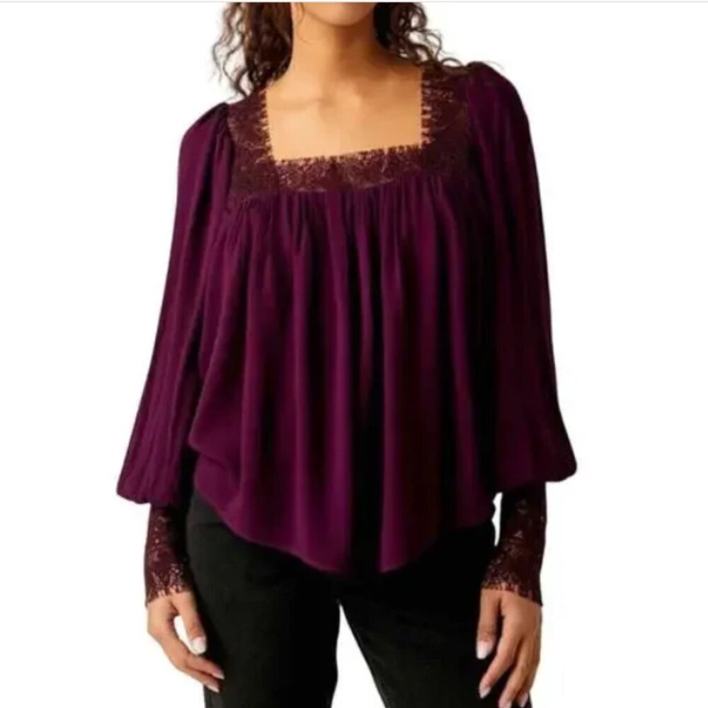 Free People Women M Oversized Square Neck‎ Lace Crepe Blouse Purple NWOT